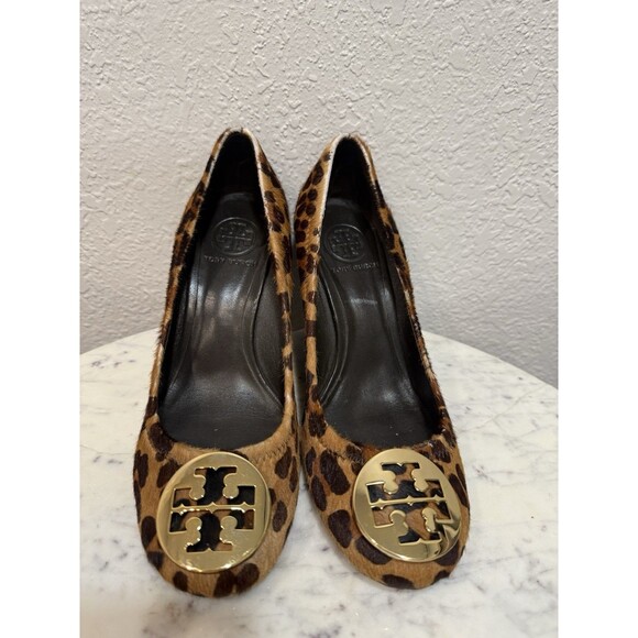 Tory Burch Calf Leather Sally Wedge Leopard Print Round Toe Heel  Sz 6 Maybe - Picture 1 of 12